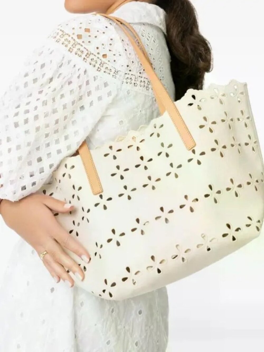 Loeffler Randall cream canvas flower-cut scalloped shoulder bag